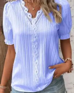 Elegant Women Blouse Shirt V Neck Lace Patchwork Short Sleeve Shirts For Women Summer Lady Tops White