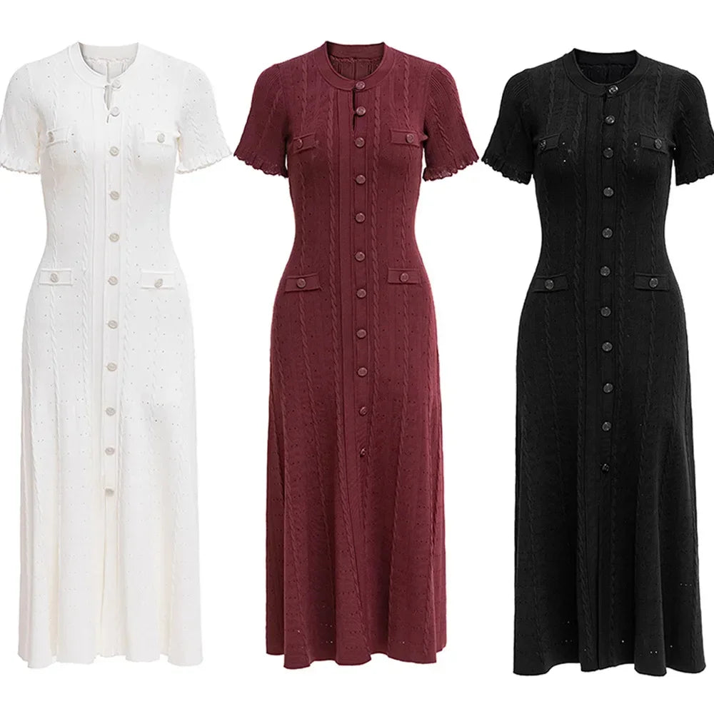 Summer Solid Round Neck Short Sleeved Office Lady Knitted Dress Women Korean Single Breasted Hollow Out Long Dress Fashion Trend