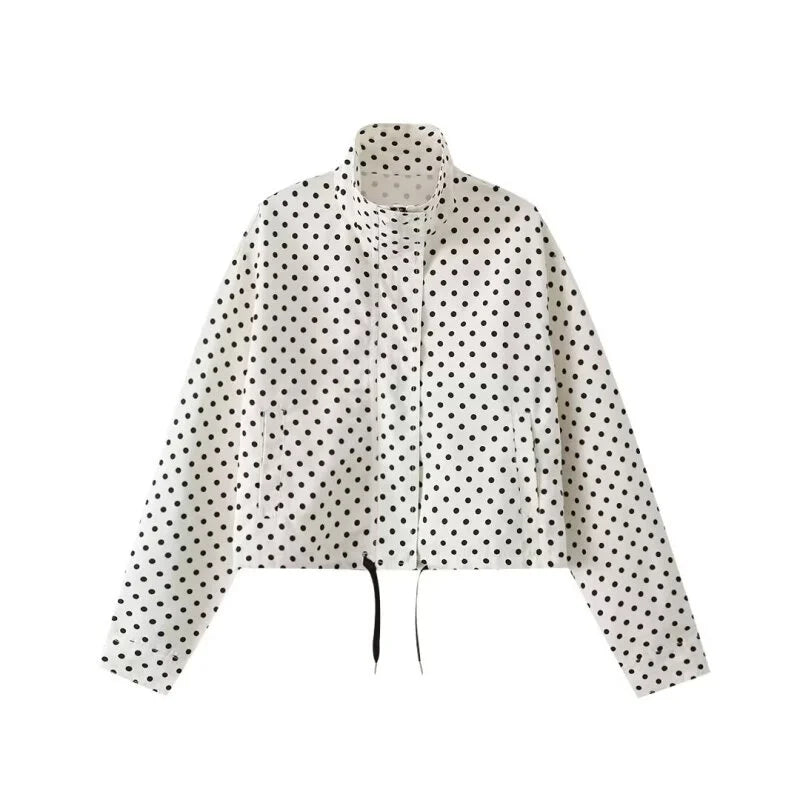 Women's Spring Summer Casual Polka Dot Two-Piece Set, Stand Collar Zip-Up Top with Matching Shorts, All-match for Daily Outings