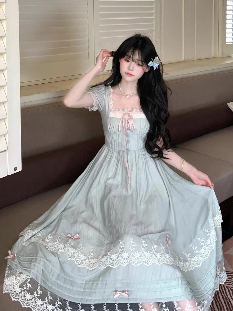 French Gentle Style Vintage Women Dress Sweet Bow Short Sleeve Dress Lace Splice Korean Popular Chic Long Dress New Summer 2025