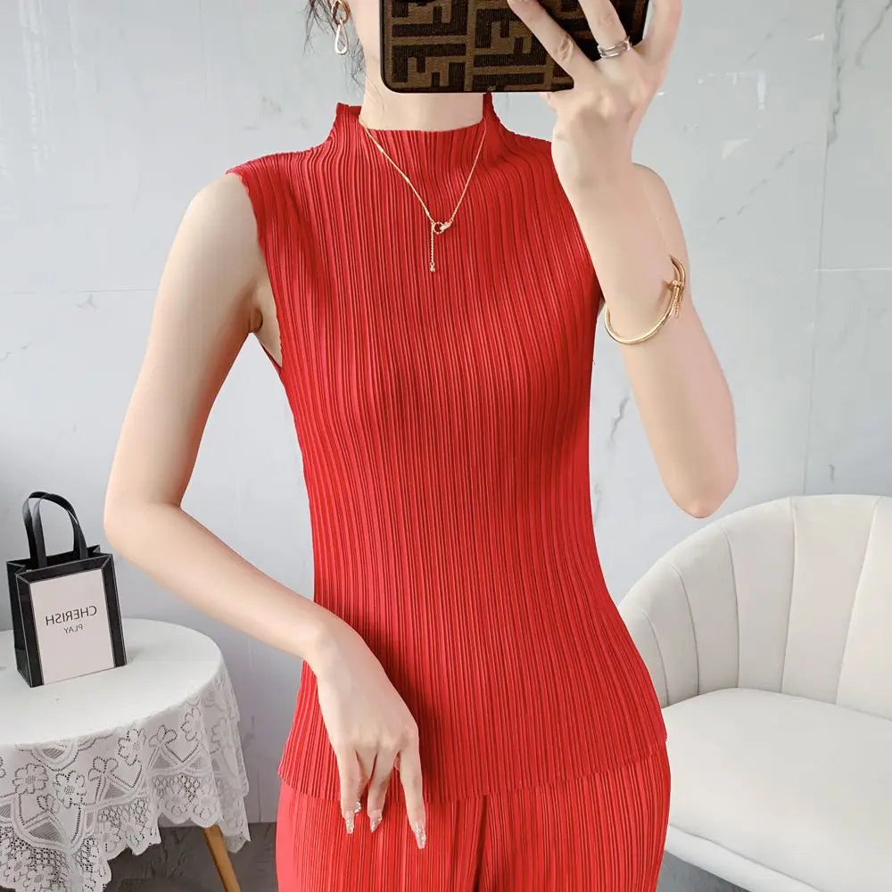 Miyake Pleated Elegant Fashion Temperament Solid Color Half High Neck Sleeveless Women's Vest 2023 Summer New Breathable Top