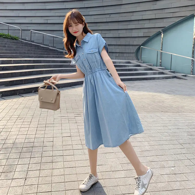 Lightweight Denim-Like Women's Dress Summer New Korean Style High-Waisted Button-Front Shirt Dress Versatile Casual Midi Dress