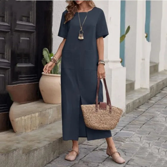 Summer Women's Long Skirt Short Sleeves Cotton and Linen Blend Loose Pockets O-neck Solid Color Simple Casual Dress