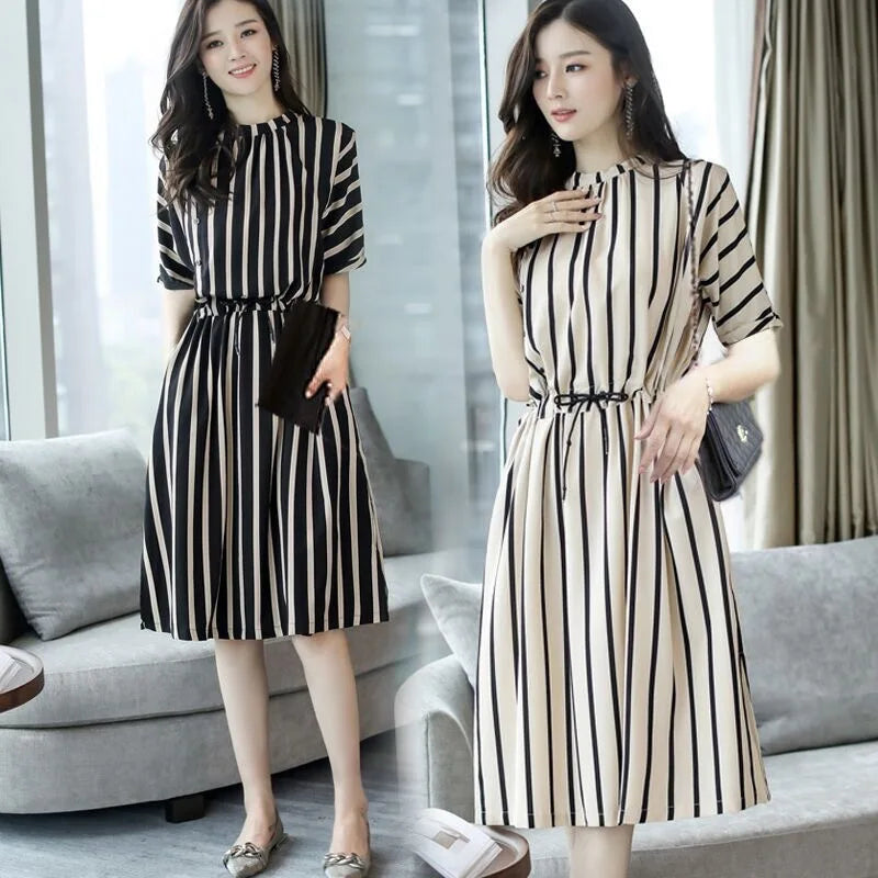 Striped Short-Sleeved Casual Midi Dress Summer Aesthetic Clothes Korean Fashion Casual Office Lady Dresses for Women Vestidos